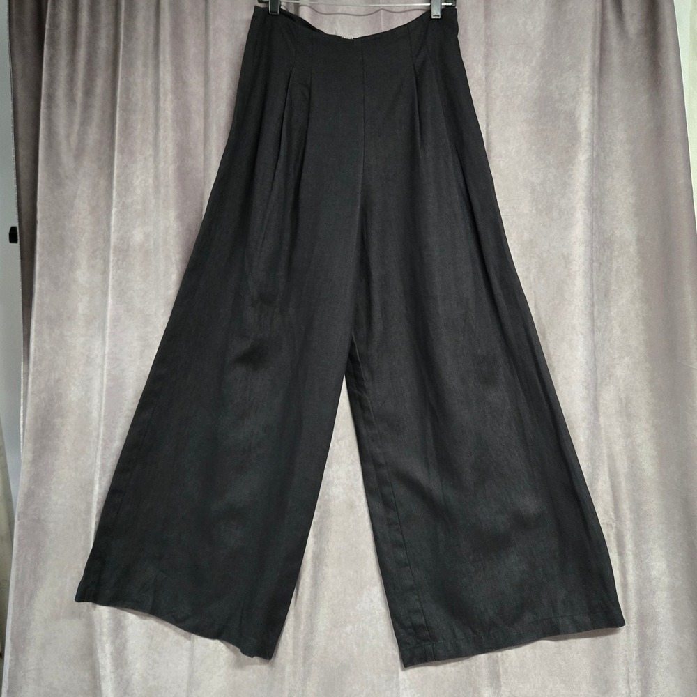 Faithfull The Brand 100% Linen Wide Leg Pleated Pants Black Womens Size 10 XL